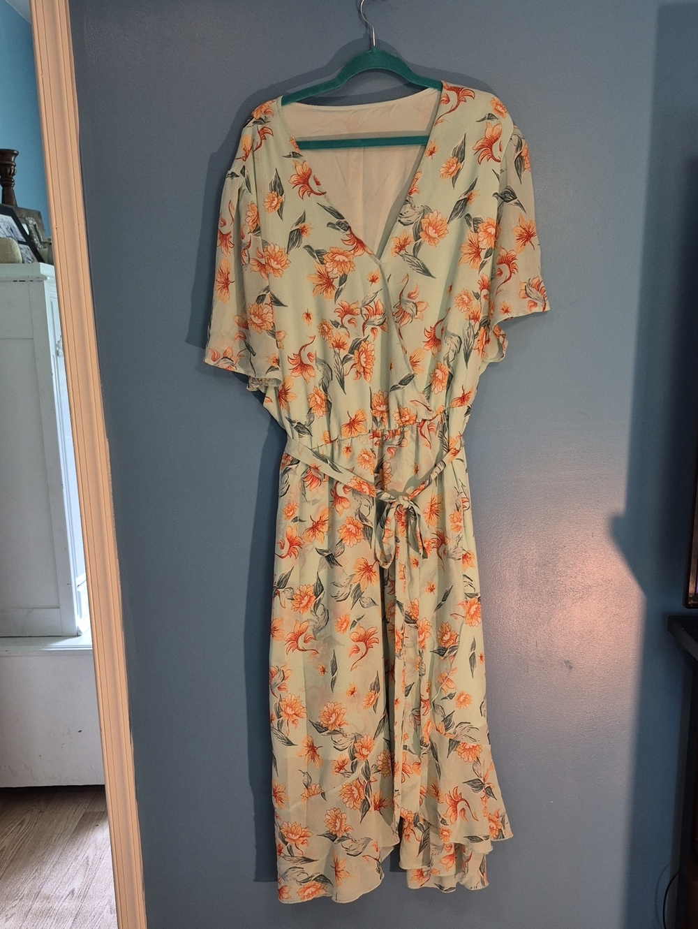 BloomChic Mint Blue Floral Wrap Midi Dress with Orange Flowers